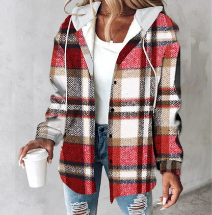 European And American Fashion Women's Wear Solid Color Plaid Hooded Jacket